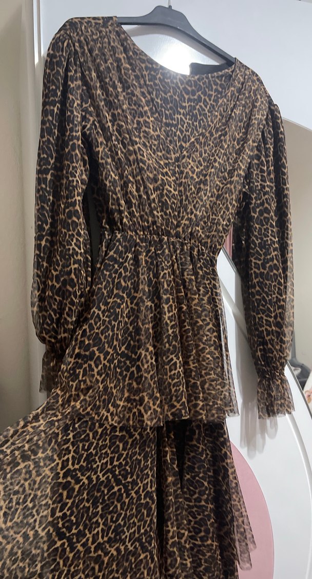 Kahverengi Leopar Desenli Uzun Bohem Elbise - Görsel 2