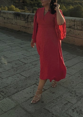 Pembe V Yaka Midi Uzun Elbise - Görsel 2