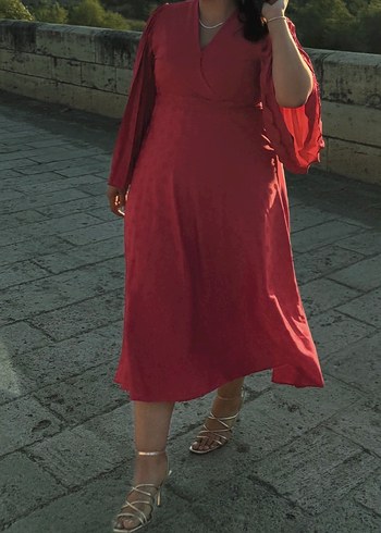 Pembe V Yaka Midi Uzun Elbise - Görsel 4