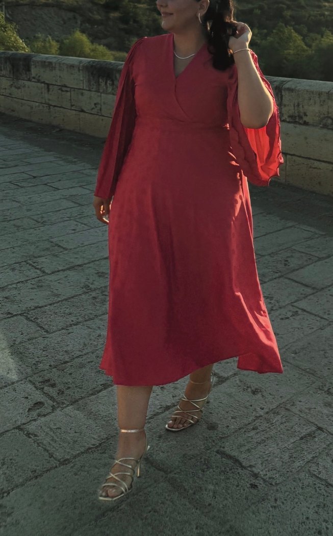 Pembe V Yaka Midi Uzun Elbise - Görsel 4