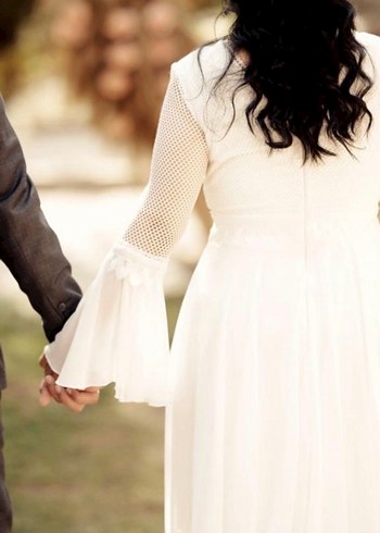 Modern Klasik V Yaka Beyaz Midi Gelinlik - Görsel 7