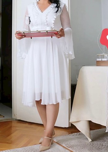 Modern Klasik V Yaka Beyaz Midi Gelinlik - Görsel 2