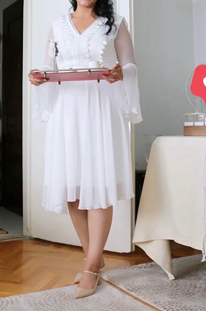 Modern Klasik V Yaka Beyaz Midi Gelinlik - Görsel 2