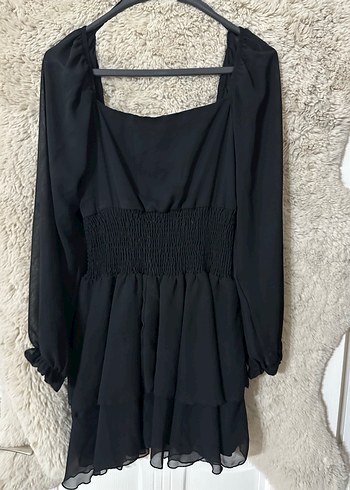 Uzun Kollu Siyah Fırfırlı Mini Elbise - Görsel 2