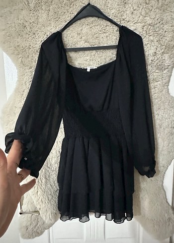 Uzun Kollu Siyah Fırfırlı Mini Elbise - Görsel 3