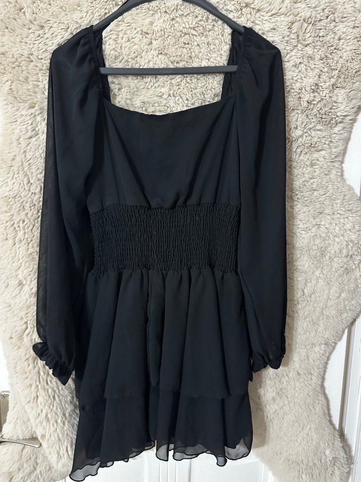 Uzun Kollu Siyah Fırfırlı Mini Elbise - Görsel 2
