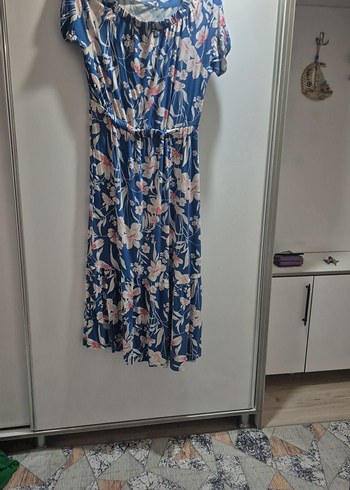 Mavi Bohem Uzun Elbise, Kısa Kollu, Pilili - Görsel 4