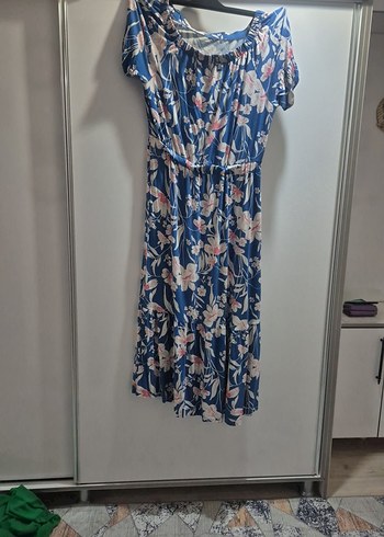 Mavi Bohem Uzun Elbise, Kısa Kollu, Pilili - Görsel 3