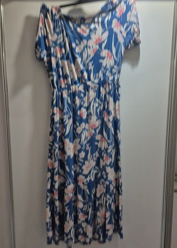 Mavi Bohem Uzun Elbise, Kısa Kollu, Pilili - Görsel 2