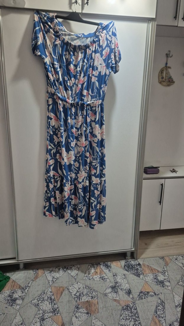 Mavi Bohem Uzun Elbise, Kısa Kollu, Pilili - Görsel 4