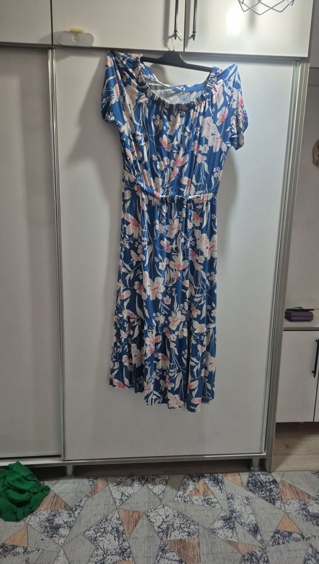 Mavi Bohem Uzun Elbise, Kısa Kollu, Pilili - Görsel 3