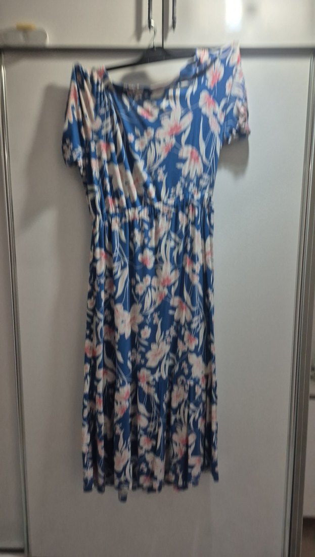 Mavi Bohem Uzun Elbise, Kısa Kollu, Pilili - Görsel 2