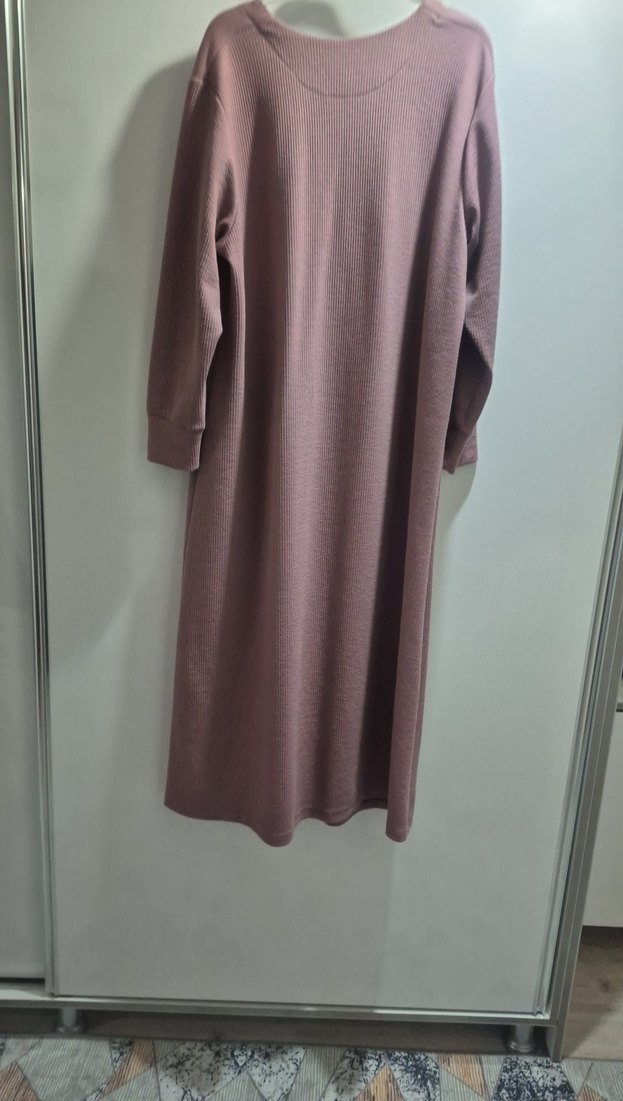 Düğmeli Uzun Kollu Bej Triko Elbise - Görsel 4