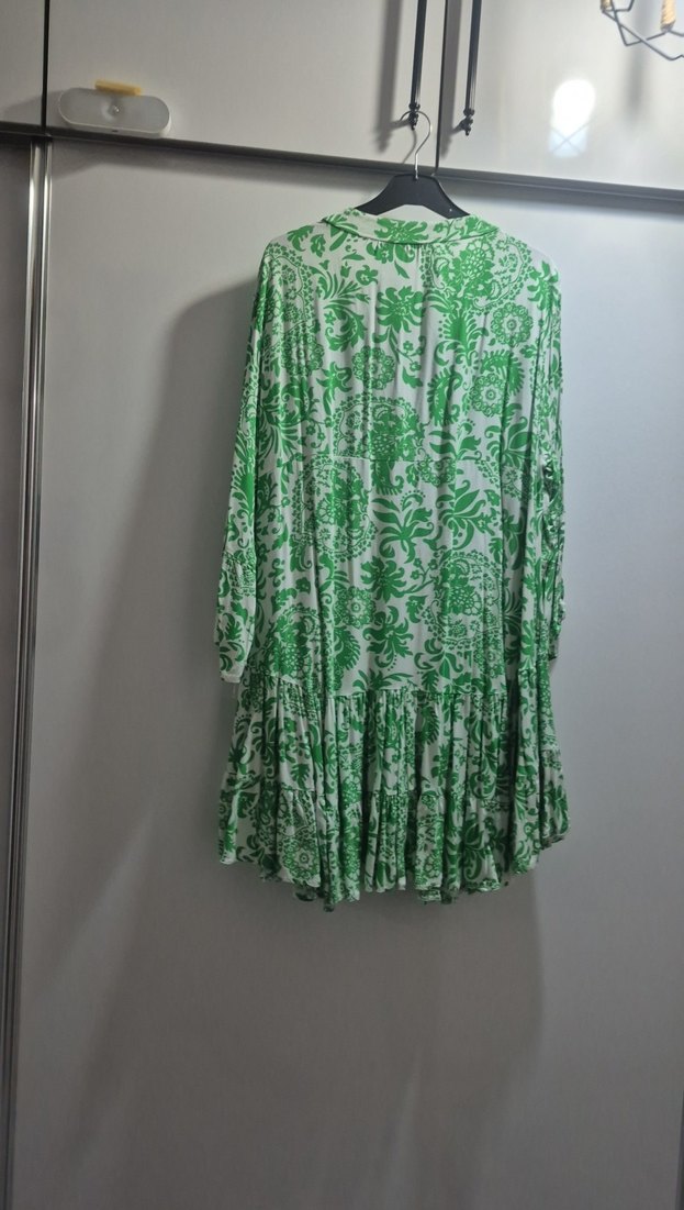 Yeşil Pilili Bohem V Yaka Uzun Elbise - Görsel 3