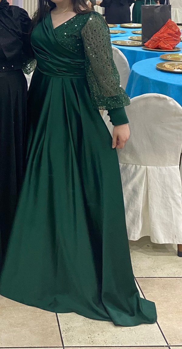 Yeşil Uzun Kollu Drapeli Abiye Elbise - Görsel 2