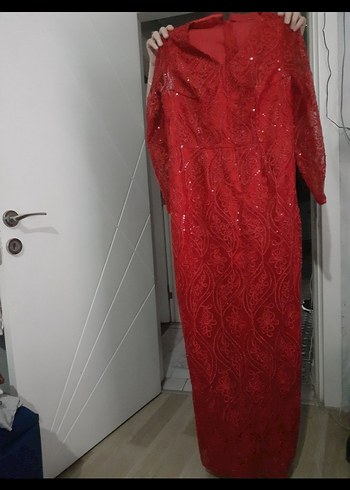 Dantel İşlemeli Kırmızı Uzun Abiye Elbise - Görsel 6