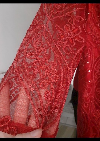 Dantel İşlemeli Kırmızı Uzun Abiye Elbise - Görsel 8