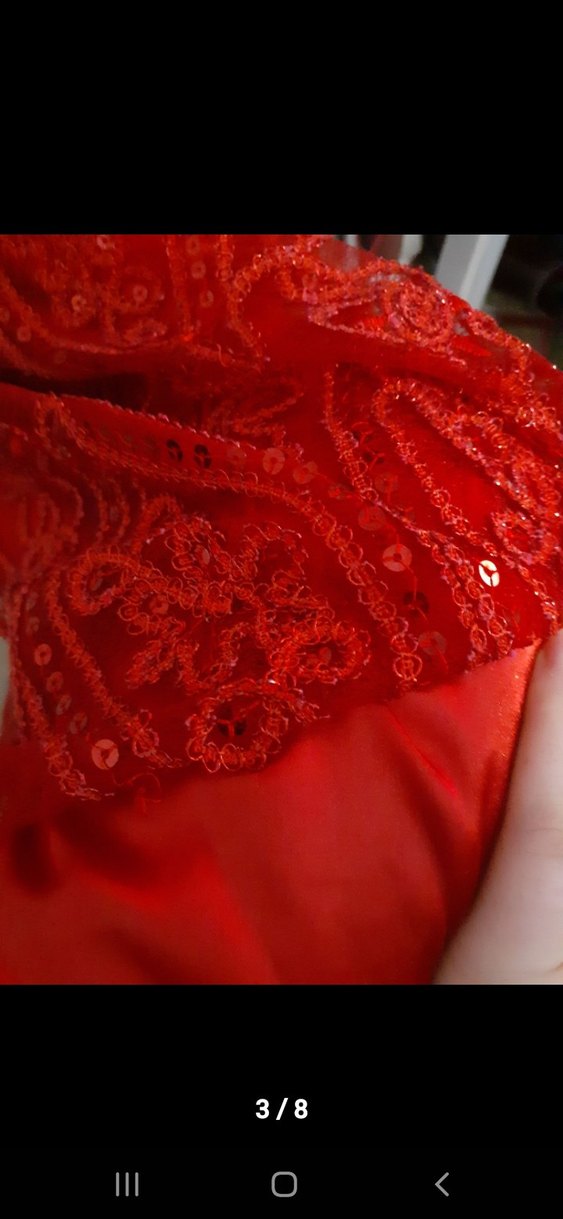 Dantel İşlemeli Kırmızı Uzun Abiye Elbise - Görsel 3