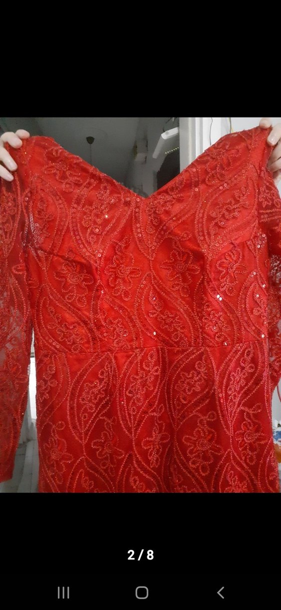 Dantel İşlemeli Kırmızı Uzun Abiye Elbise - Görsel 2