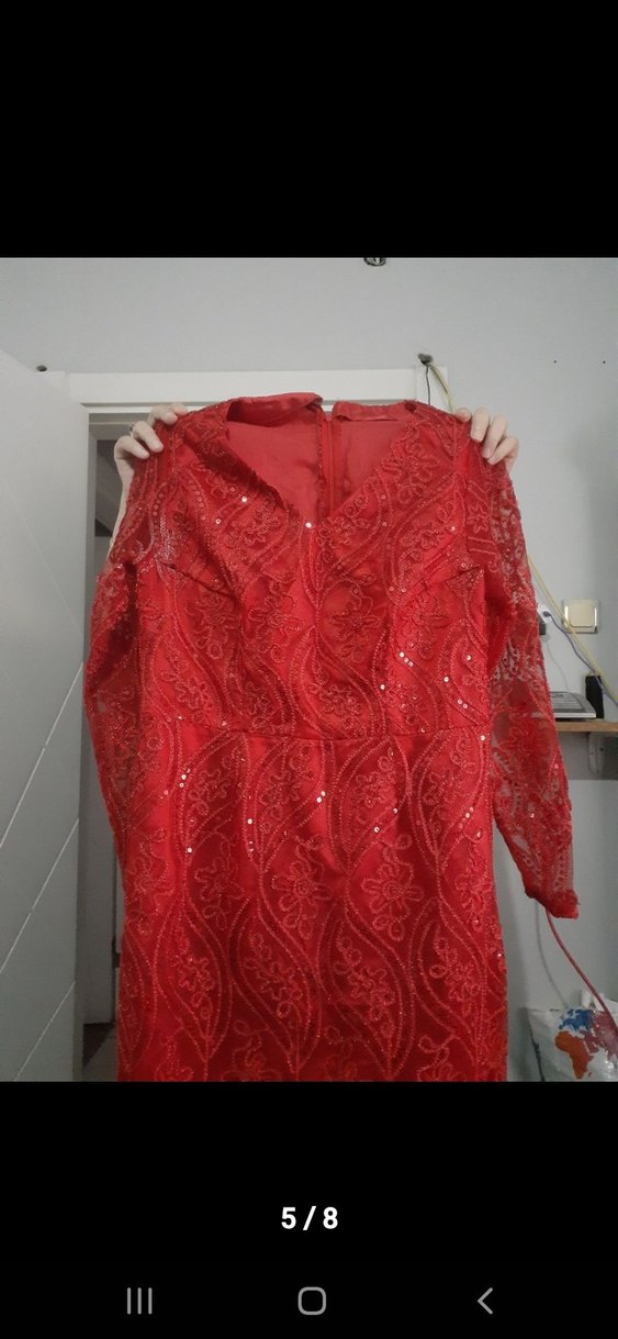 Dantel İşlemeli Kırmızı Uzun Abiye Elbise - Görsel 5