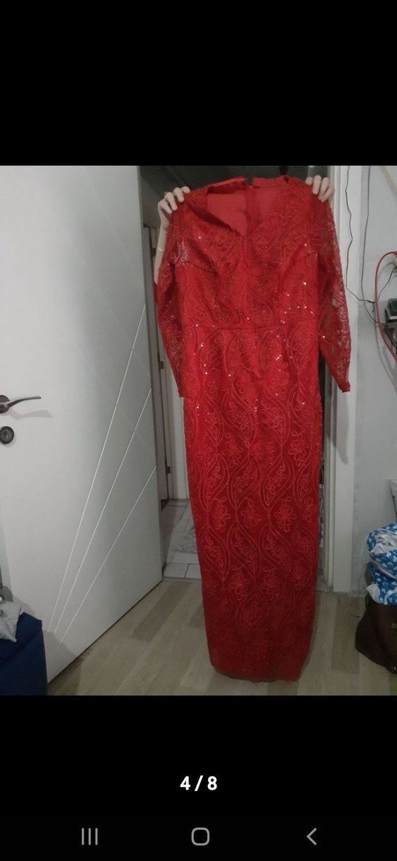Dantel İşlemeli Kırmızı Uzun Abiye Elbise - Görsel 4