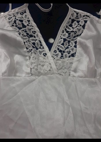 Dantel Detaylı Beyaz Midi Gecelik - Görsel 4