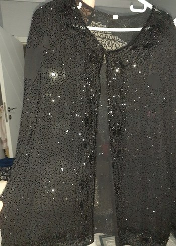 Parlak Siyah Payetli Uzun hamile Ceket - Görsel 2
