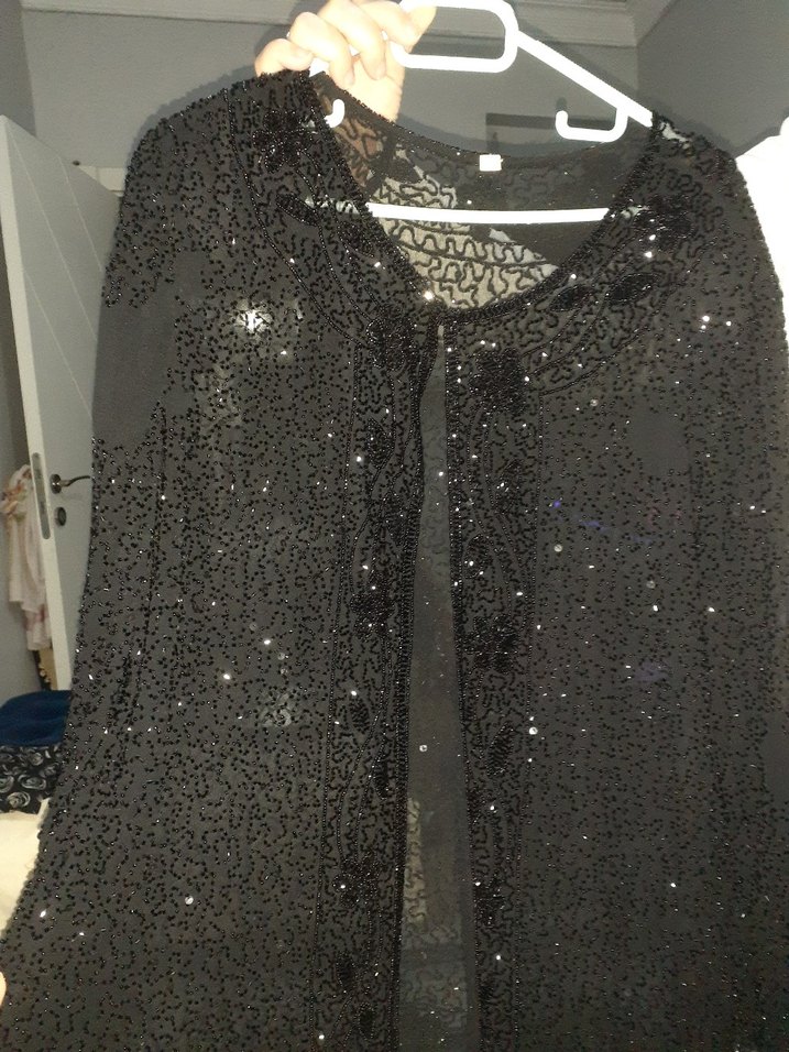 Parlak Siyah Payetli Uzun hamile Ceket - Görsel 3