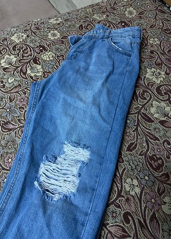 Kadın Mavi yırtık  Bol Kesim Kot Pantolon - Görsel 2
