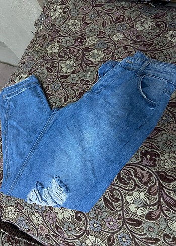 Kadın Mavi yırtık  Bol Kesim Kot Pantolon - Görsel 3