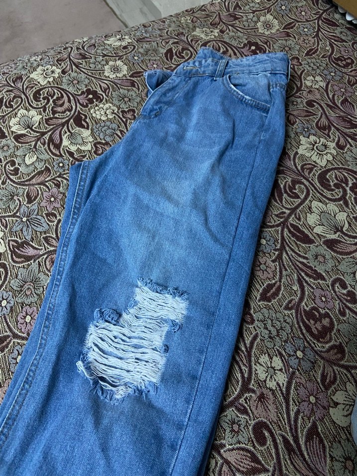 Kadın Mavi yırtık  Bol Kesim Kot Pantolon - Görsel 2