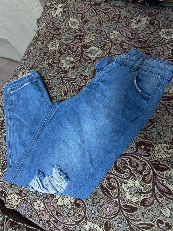 Kadın Mavi yırtık  Bol Kesim Kot Pantolon - Görsel 3