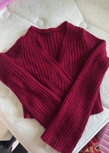 Bordo V Yaka Kısa Kemerli Kadın Kazak - Görsel 2