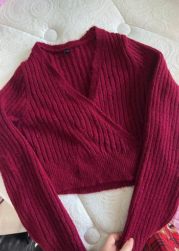 Bordo V Yaka Kısa Kemerli Kadın Kazak - Görsel 3