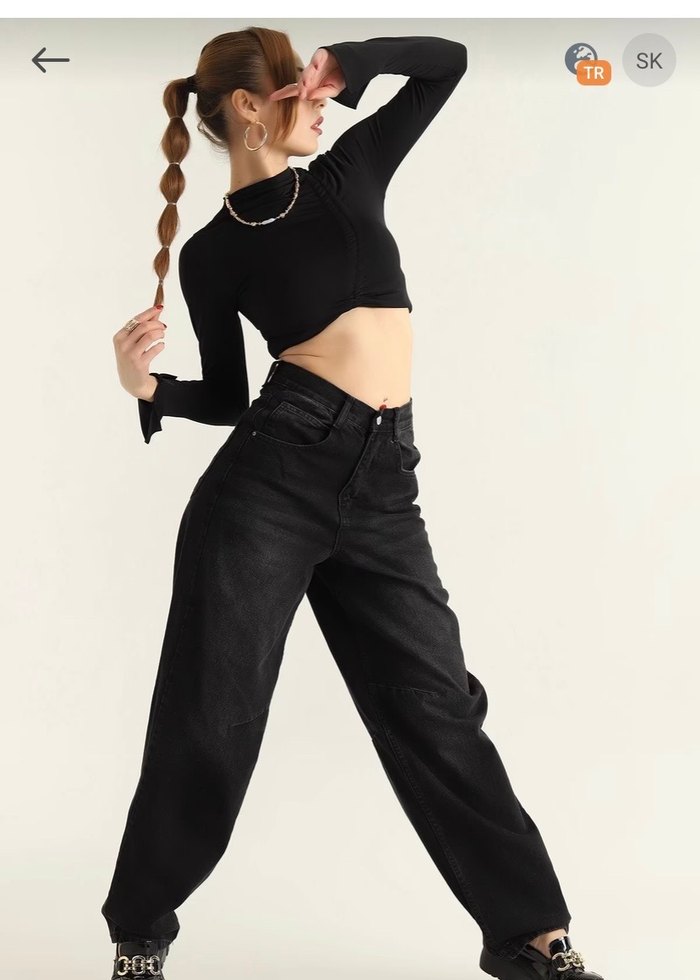 Kadın Siyah Bol Kesim baggy Denim Pantolon - Görsel 2