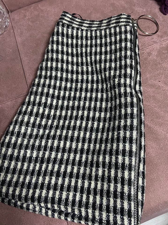 Siyah Ekose Desenli Örgü Mini Etek - Görsel 2