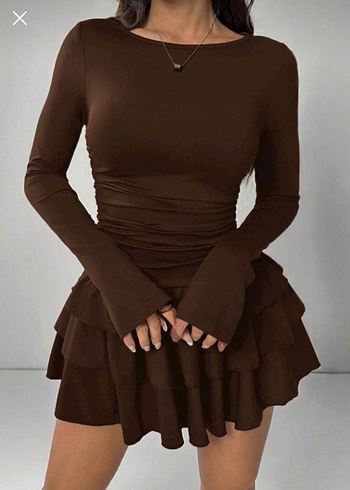 Kahverengi Uzun Kollu Fırfırlı Mini Elbise - Görsel 2