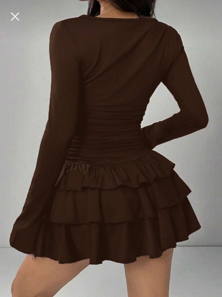 Kahverengi Uzun Kollu Fırfırlı Mini Elbise - Görsel 3