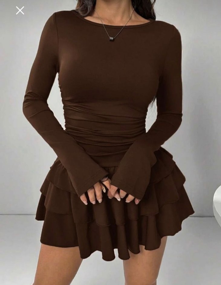 Kahverengi Uzun Kollu Fırfırlı Mini Elbise - Görsel 2