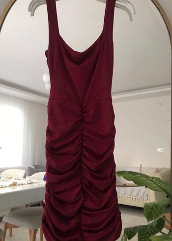 Bordo Drapeli Mini Elbise - Görsel 2