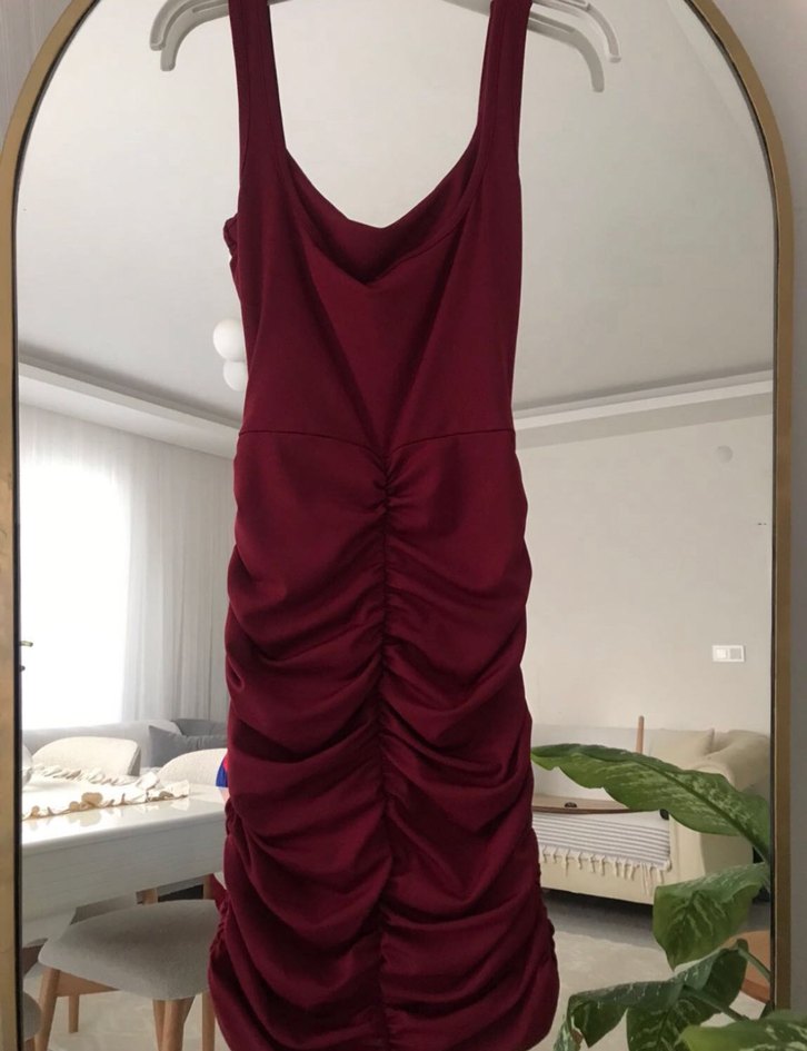 Bordo Drapeli Mini Elbise - Görsel 2