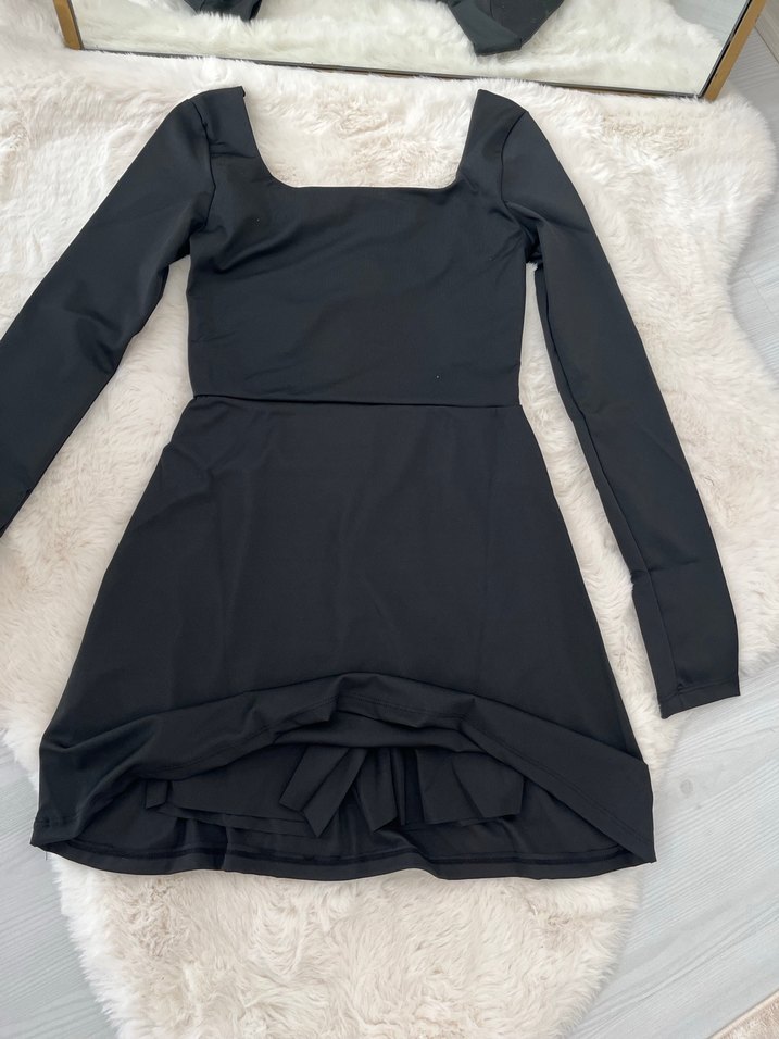 Siyah V Yaka Uzun Kollu Mini Elbise - Görsel 2