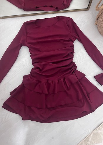 Kahverengi Mini Deri Elbise - Görsel 2