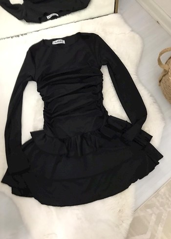 Uzun Kollu Siyah Mini Elbise - Görsel 3