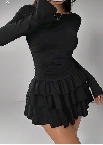 Uzun Kollu Siyah Mini Elbise - Görsel 2