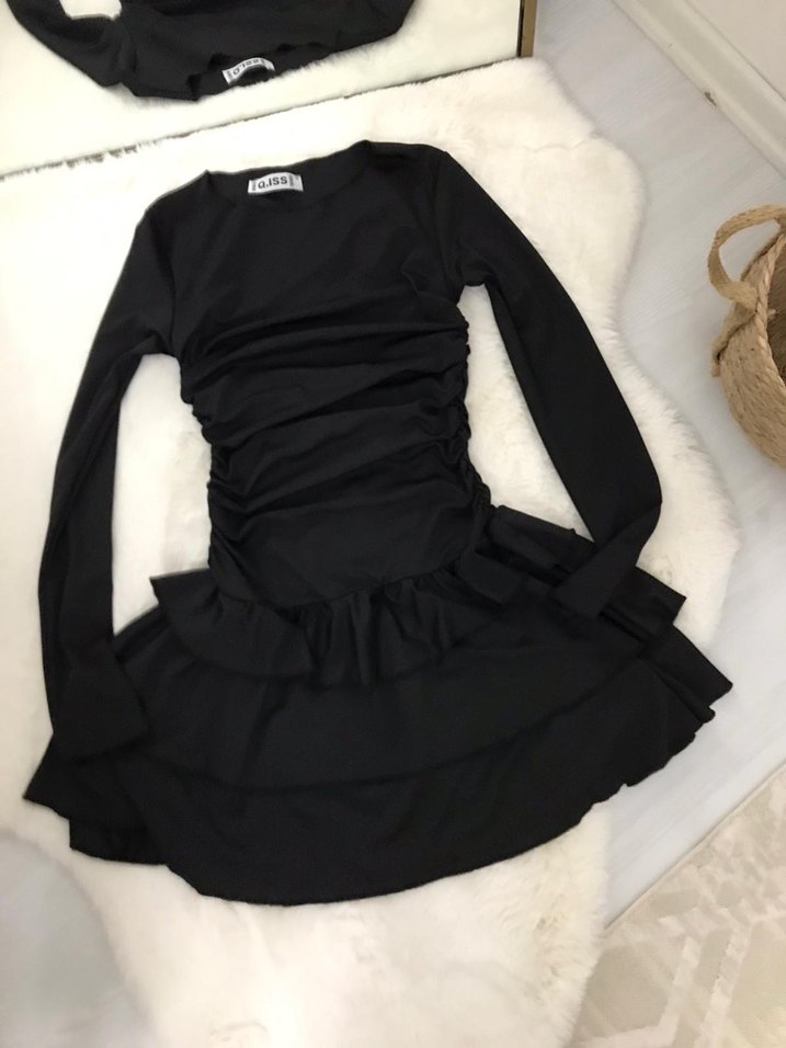 Uzun Kollu Siyah Mini Elbise - Görsel 3