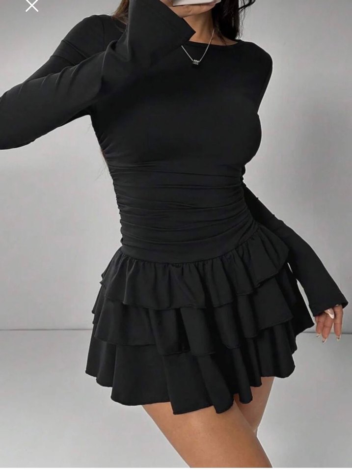 Uzun Kollu Siyah Mini Elbise - Görsel 2