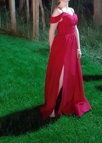 Kırmızı Drapeli Uzun Abiye Elbise - Görsel 2