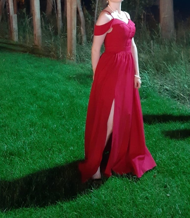 Kırmızı Drapeli Uzun Abiye Elbise - Görsel 2