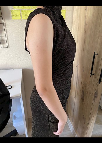 Kahverengi Drapeli Uzun Kollu V Yaka Abiye Elbise - Görsel 3